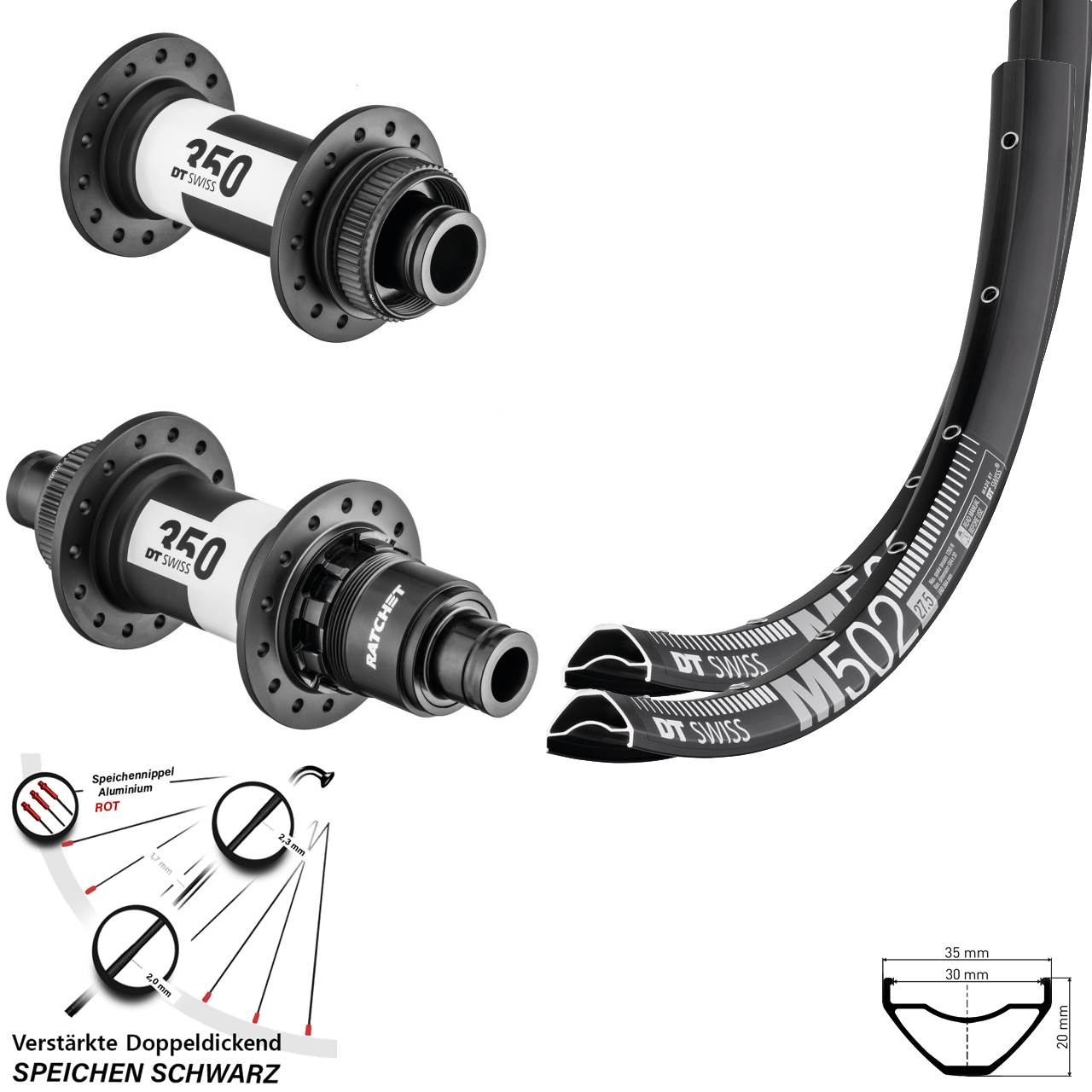 27,5 Zoll DT Swiss M502-350 Laufradsatz Centerl. 15x110 12x148 Boost SRAM XD