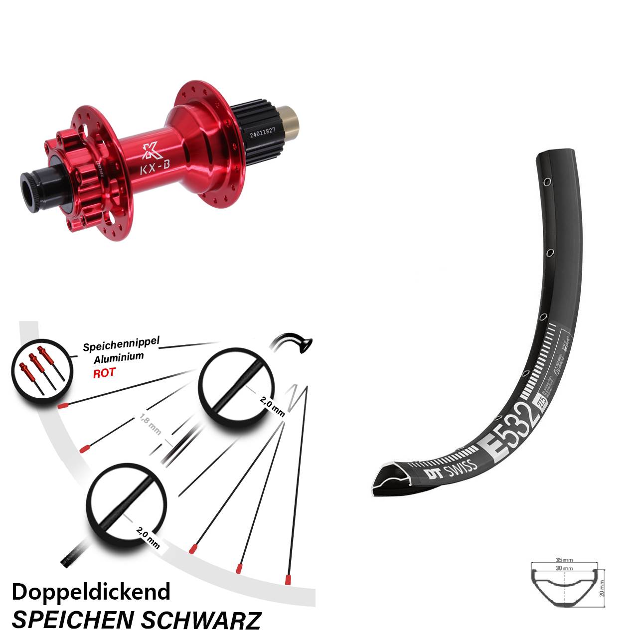 6-Loch Hinterrad 12x148 29 Zoll DT Swiss E532 KX-B rot Shimano Micro Spline