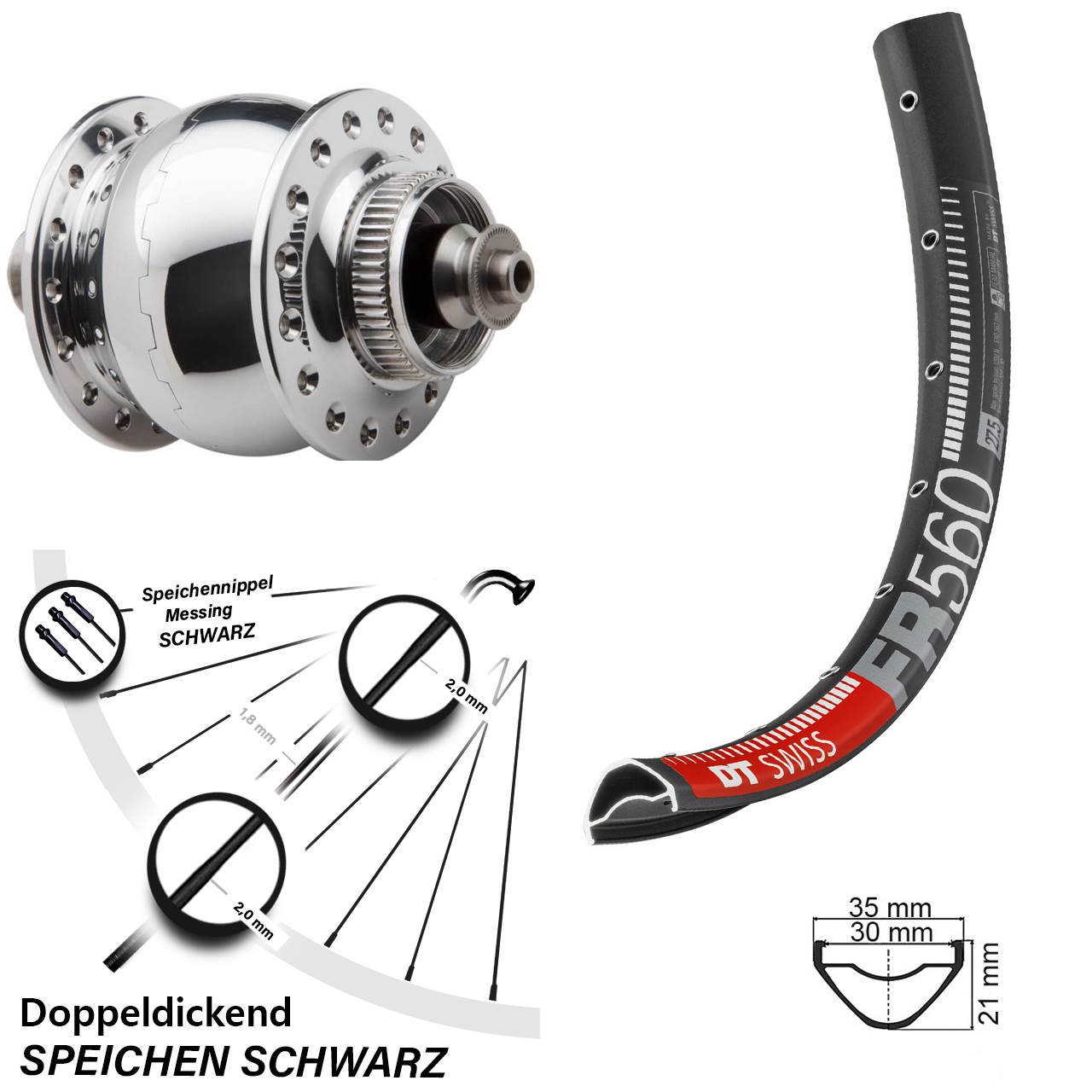 Disc Vorderrad mit Nabendynamo für Schnellspanner 26 Zoll DT Swiss FR 560 SON 28 poliert