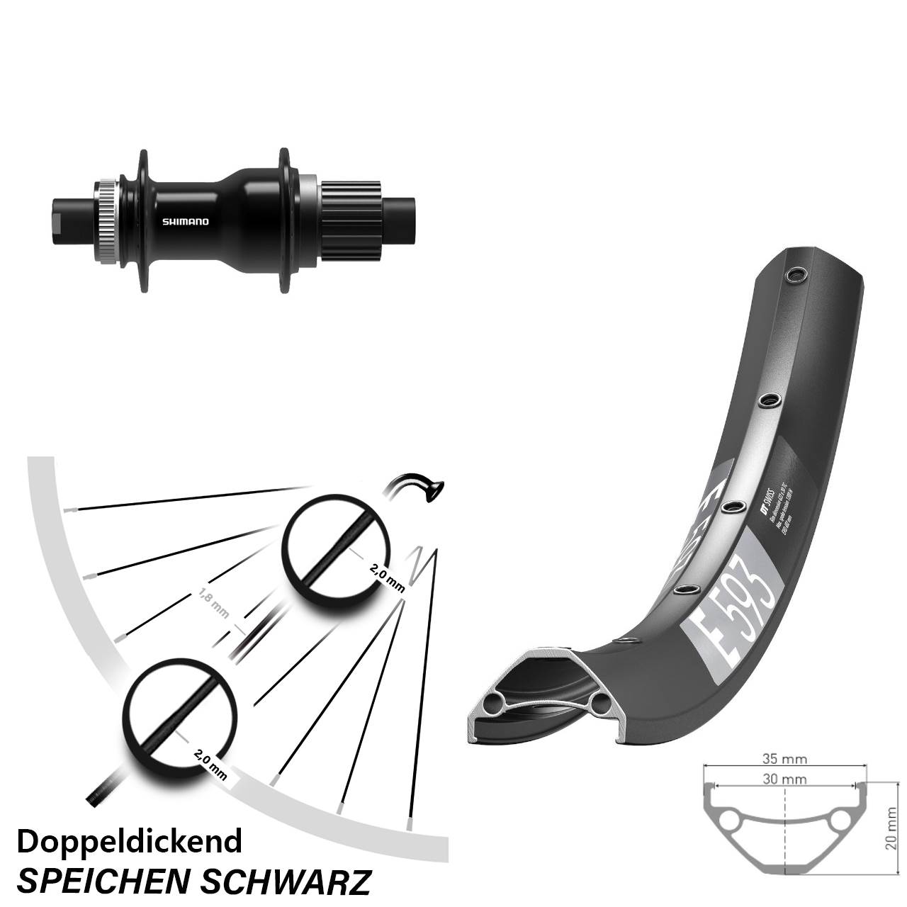 DT Swiss E593 Shimano FH-TC500-B 29 Zoll Centerlock Hinterrad 12x148 Micro Spline