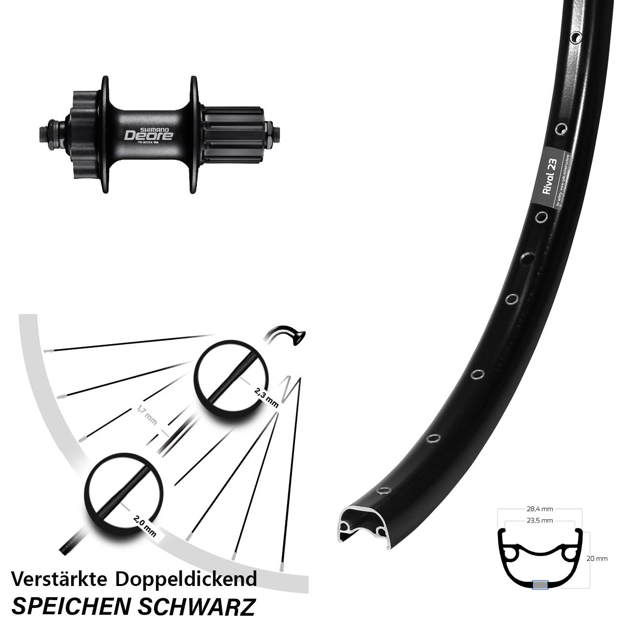 Disc Hinterrad 650B Ryde Rival 23 Shimano Deore FH-M525 8-11 fach für Schnellspanner