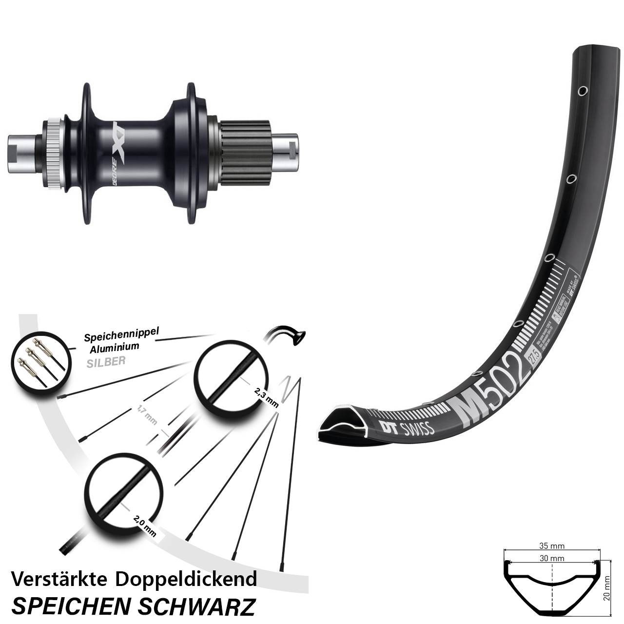 29 Zoll DT Swiss M 502 Shimano XT Centerlock Hinterrad 12x142 Micro Spline