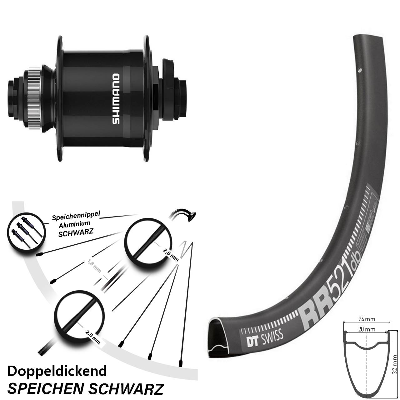 28 Zoll DT Swiss RR521 Shimano DH-UR708 Centerlock Vorderrad mit Nabendynamo 15x100