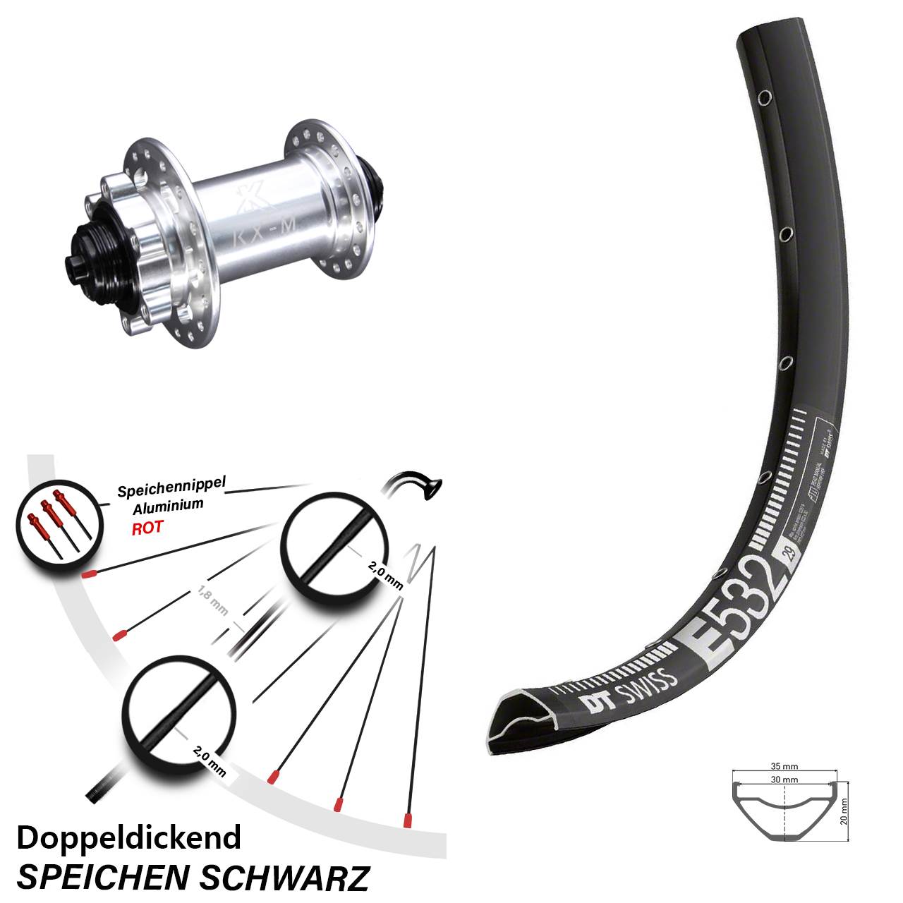 29 Zoll DT Swiss E 532 Disc KX-M 6-Loch Vorderrad QR