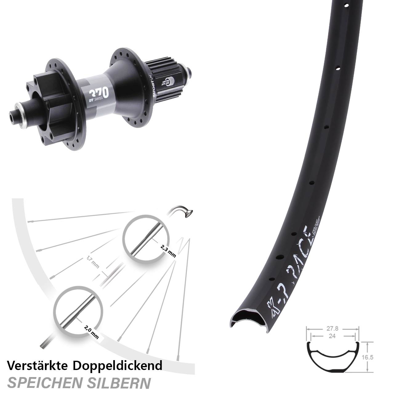28-29 Zoll KX-R Race DT Swiss 370 Hinterrad 6-Loch für Schnellspanner Shimano Micro Spline