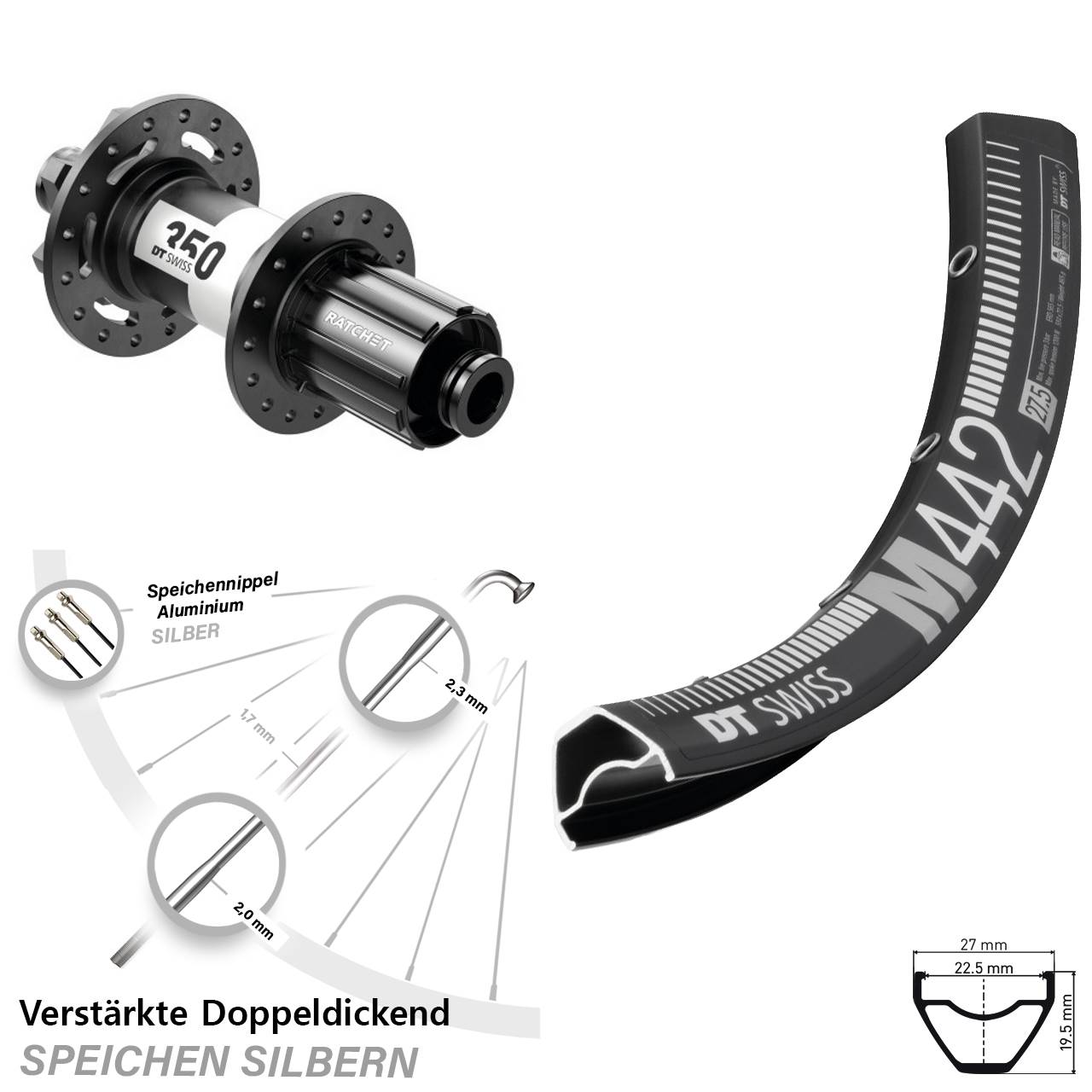 DT Swiss M442-350 Ratchet 36 28-29 Zoll Hinterrad 6-Loch 12x148 8-11 fach HG