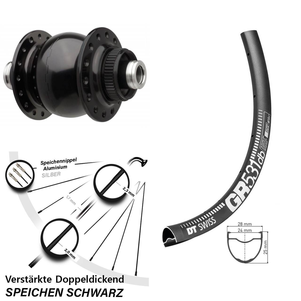 27,5 Zoll DT Swiss GR 531 Vorderrad SON 28-12 Boost 12x110 mm Bikepacking verstärkt