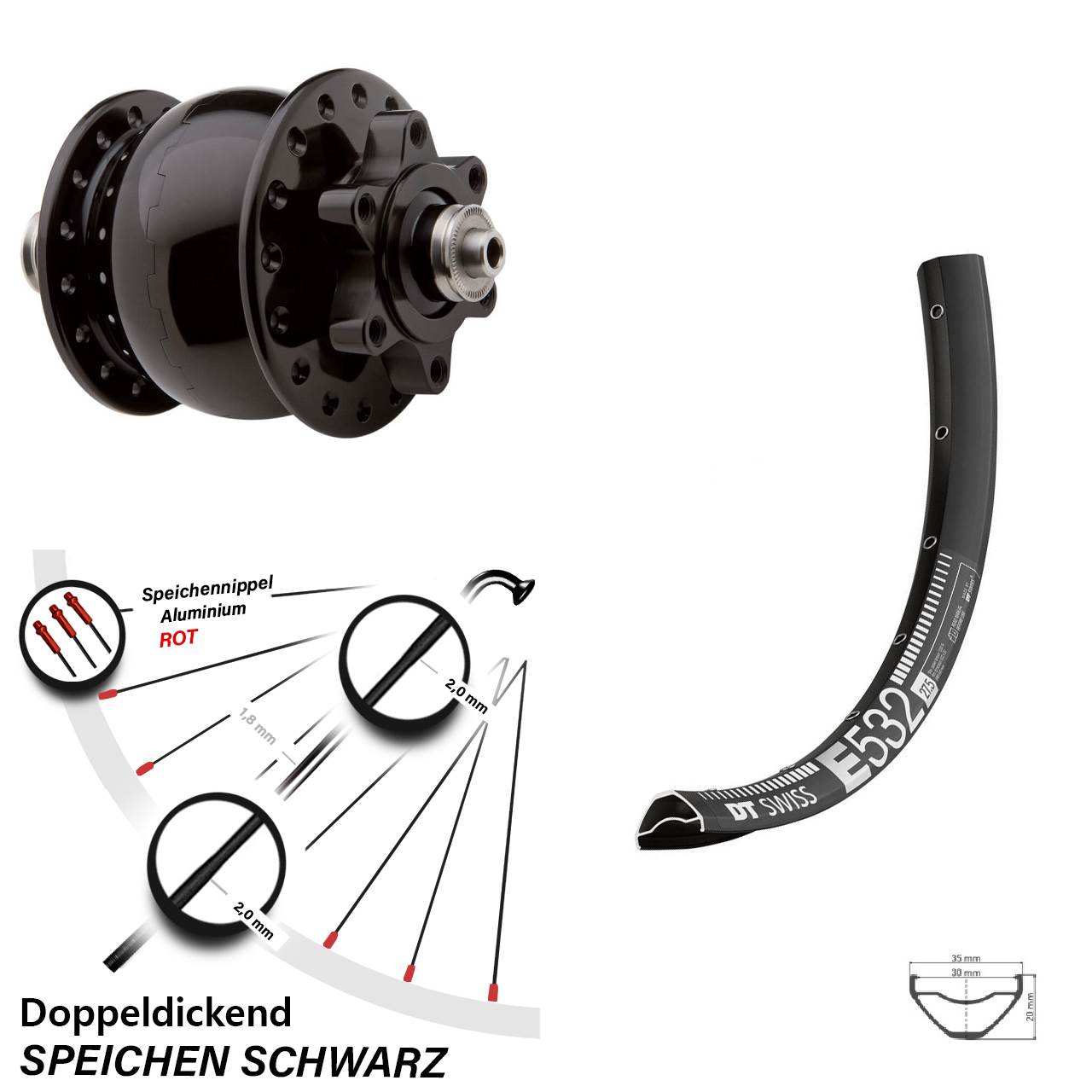 29 Zoll Nabendynamo Vorderrad DT Swiss E 532 SON 28 Disc 6-Loch Schnellspanner schwarz