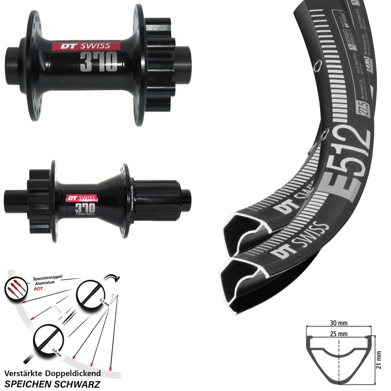 29 Zoll DT Swiss E 512-370-370 Hybrid 6-Loch Laufradsatz 15x100 12x142 8-11 fach