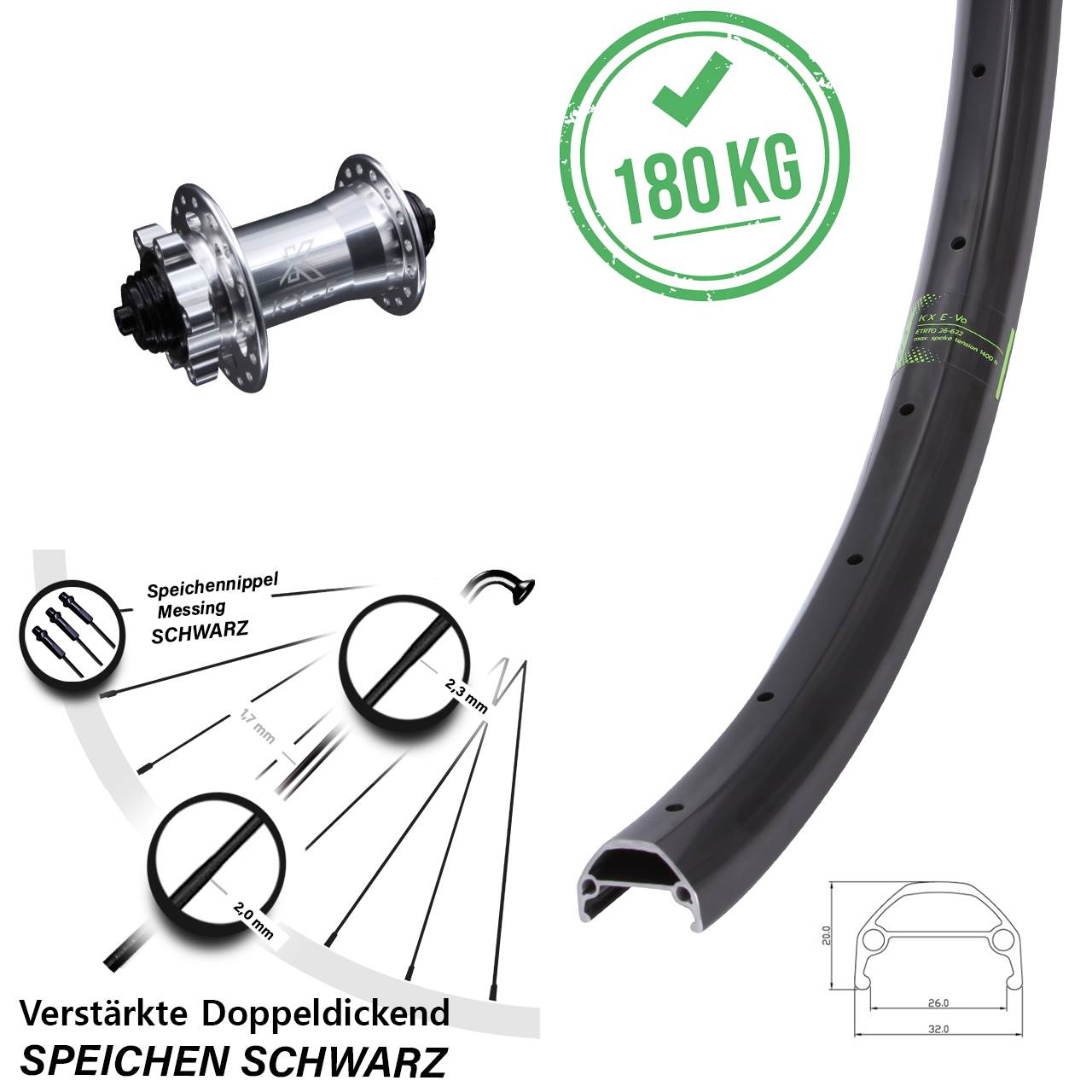 verstärktes E-Bike 26 Zoll Vorderrad KX-Evo mit Nabe 5x100 mm 6-Loch