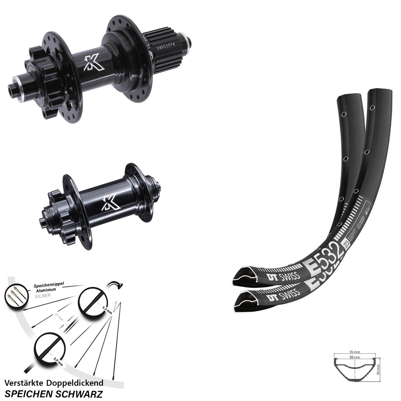 6-Loch Laufradsatz 27,5 Zoll DT Swiss E 532 KX-M Shimano Micro Spline QR