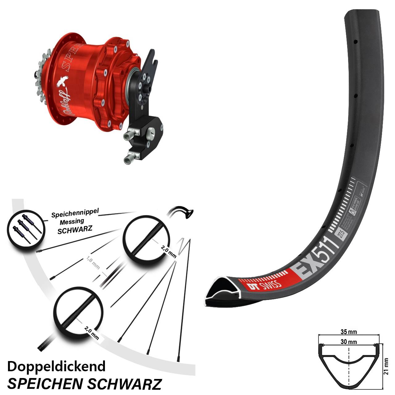 27,5 Zoll DT Swiss EX 511 Rohloff Speedhub CC DB OEM2 Tandem rot