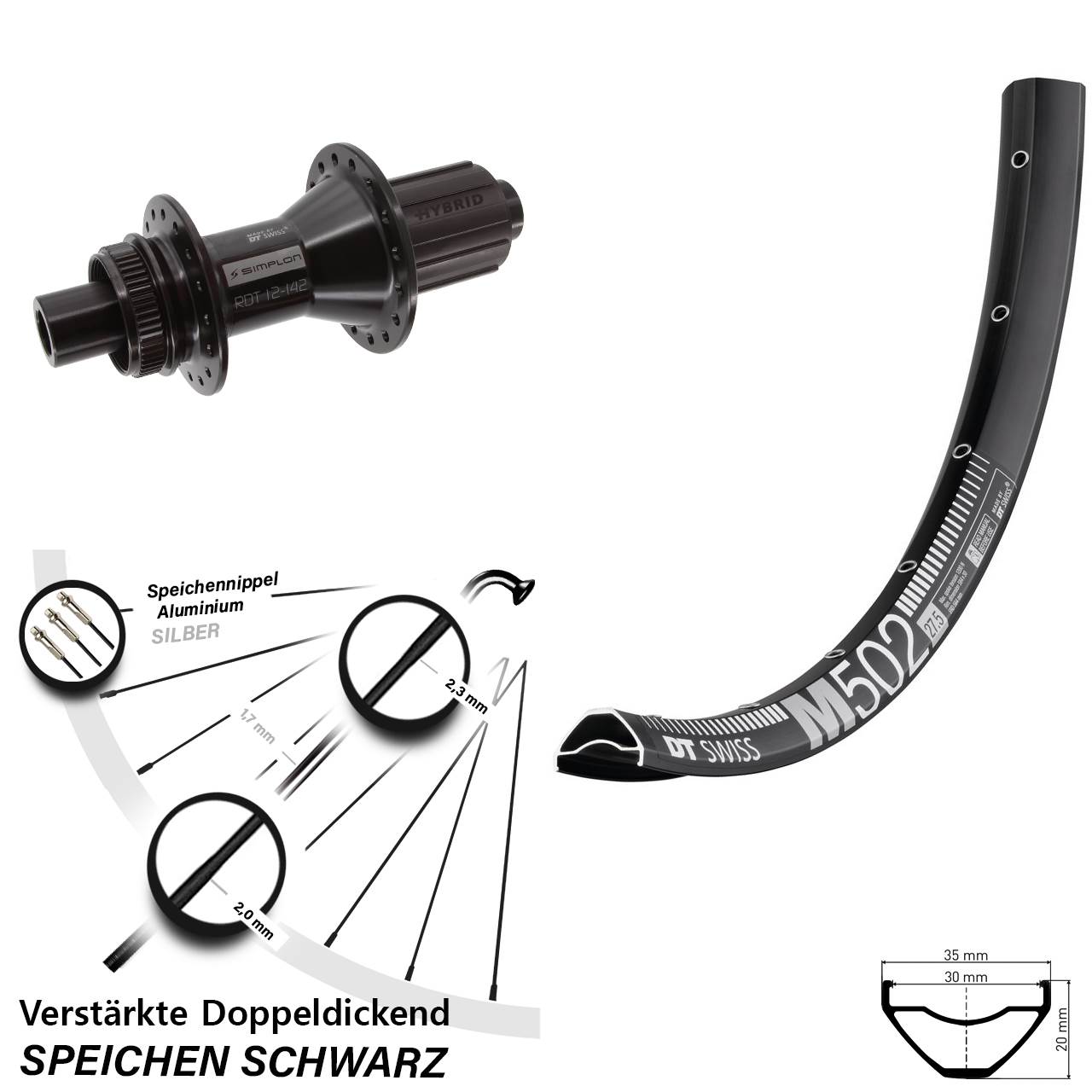 27,5 Zoll DT Swiss M502-370 Hybrid Centerlock Hinterrad 12x142 8-11 fach