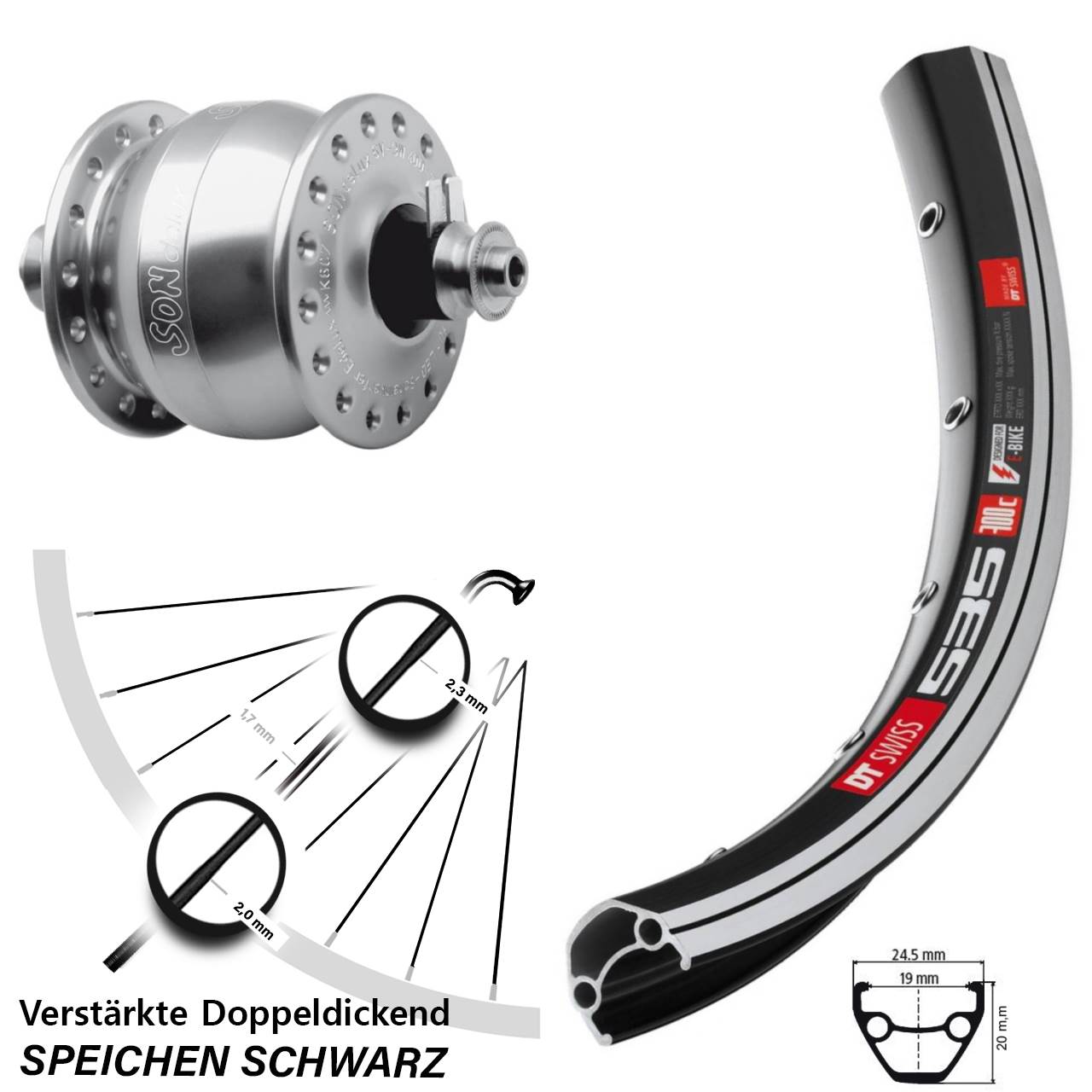 Vorderrad mit Nabendynamo 26 Zoll DT Swiss 535 SONdelux QR