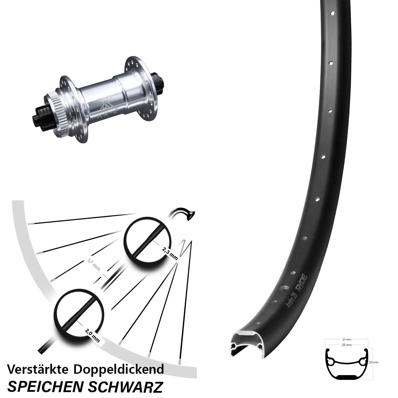 28-29 Zoll Ryde Andra 25 KX-E verstärkt Vorderrad Centerlock für Schnellspanner