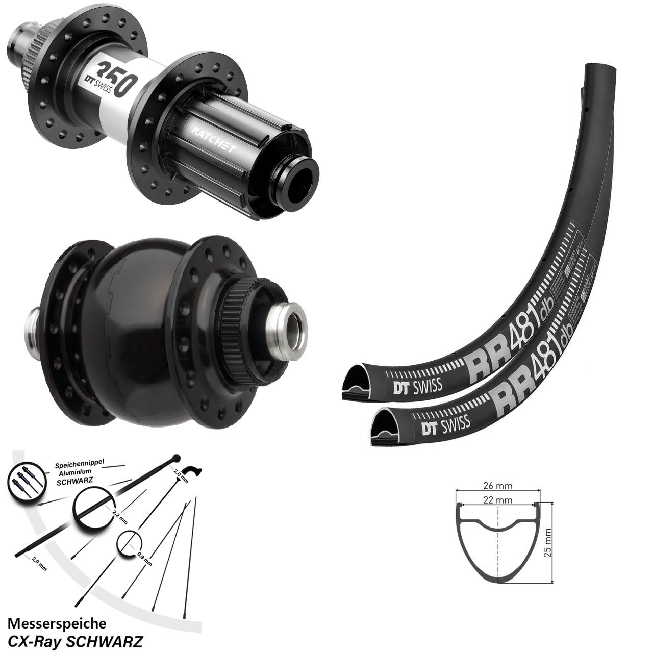 28 Zoll DT Swiss RR481 350 Road SON 28 Disc Laufradsatz 12x100/142 11-12 fach HG CX-Ray
