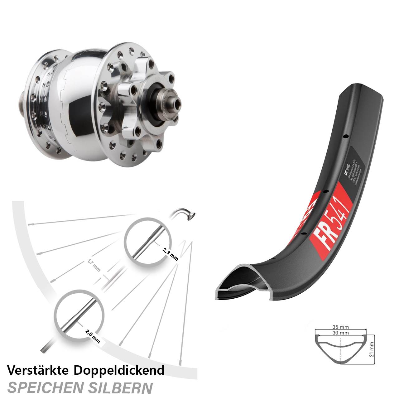 Disc Laufrad mit Nabendynamo 29 Zoll DT Swiss FR 541 SON 28 poliert QR