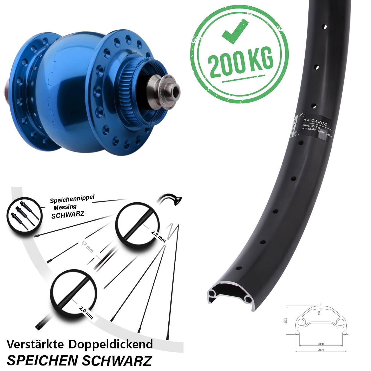 20 Zoll KX Cargo SON 28 blau Dynamo-Vorderrad Centerlock QR