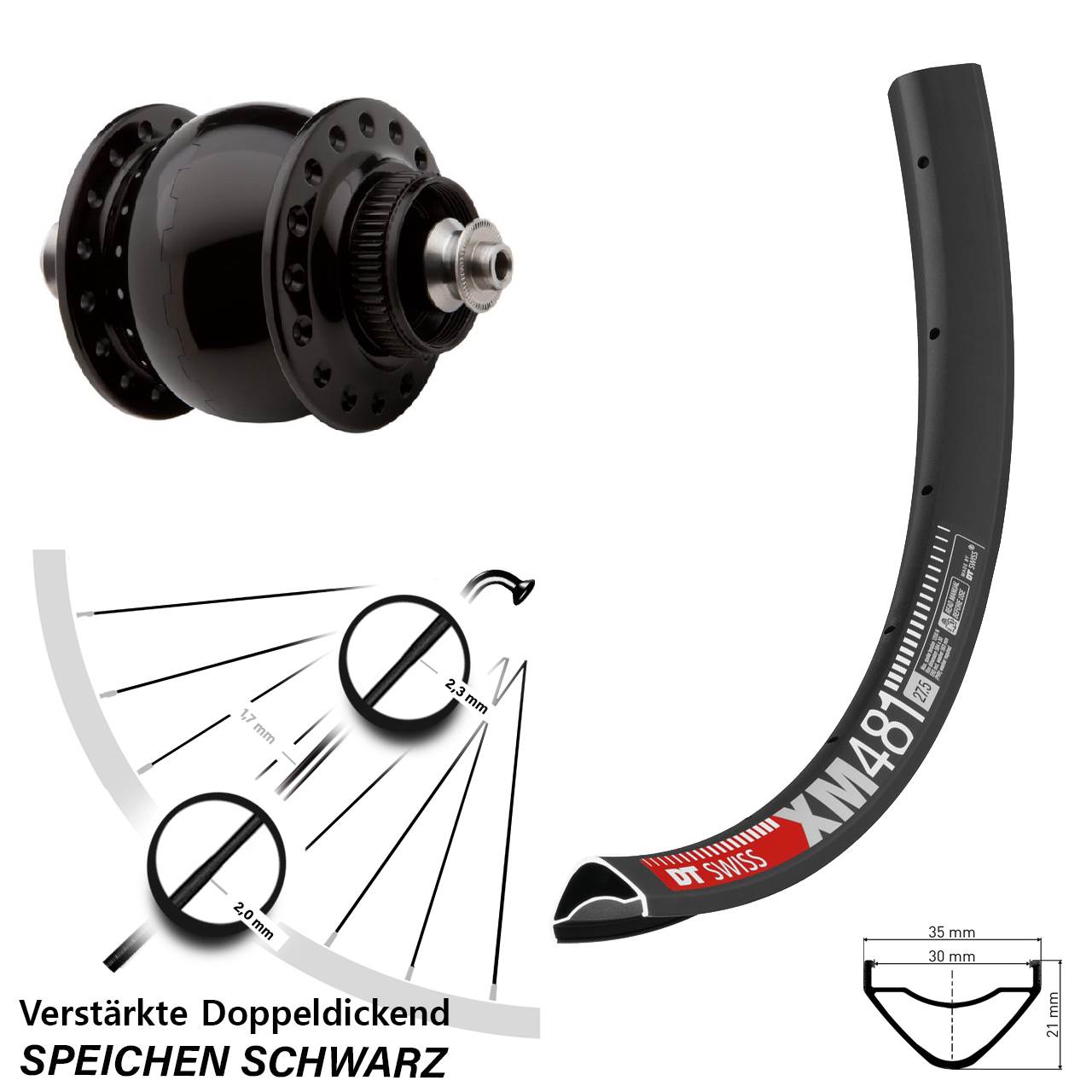 SONdelux DT Swiss XM481 27,5 Zoll Disc Vorderrad mit Nabendynamo für Schnellspanner