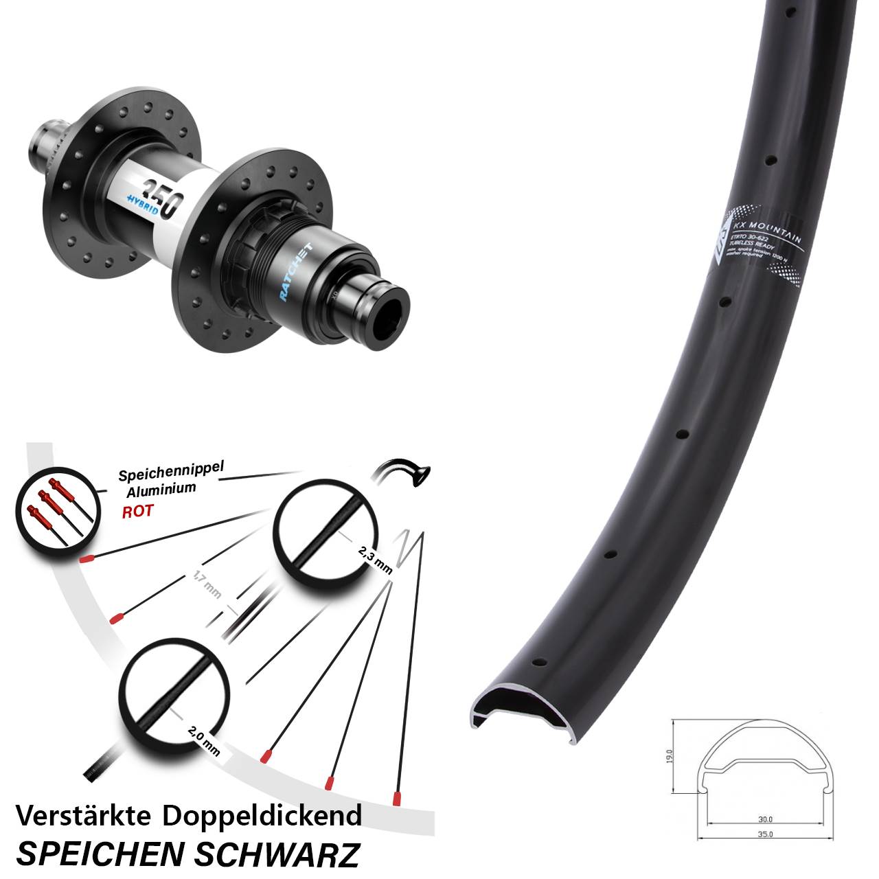 Hinterrad Centerlock 29 Zoll KX Mountain DT Swiss 350 Hybrid XD 12x148 Boost
