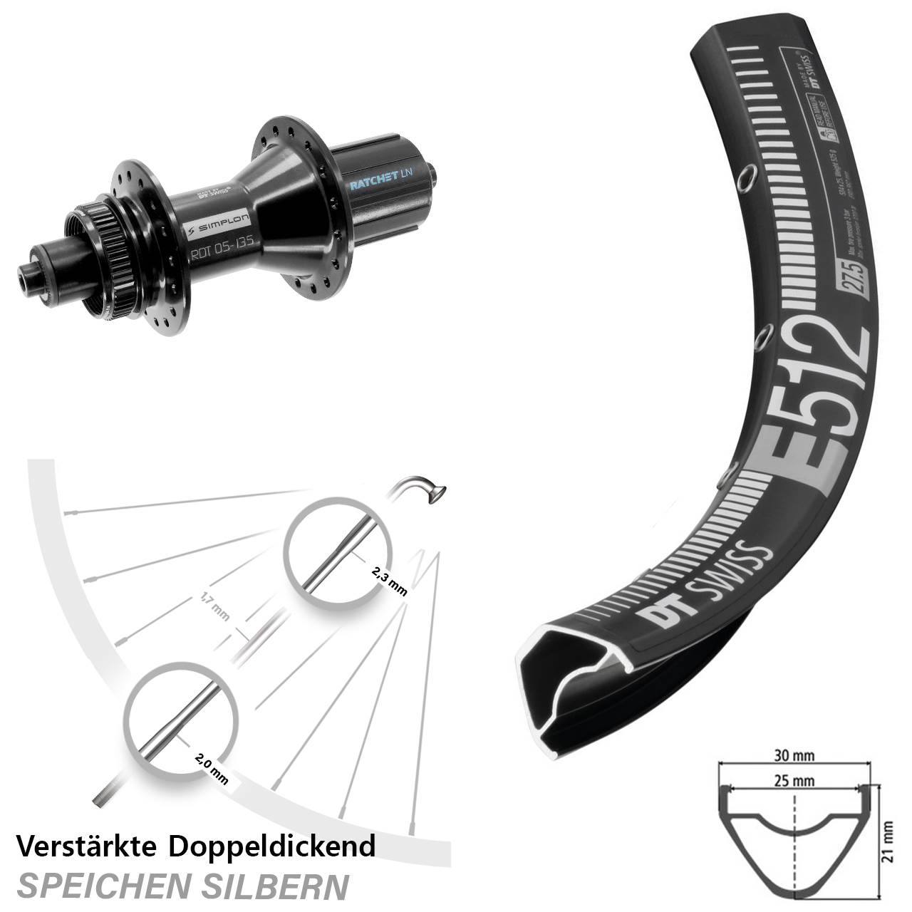 29 Zoll DT Swiss E512-370 Hybrid Centerlock Hinterrad für Schnellspanner 8-11 fach