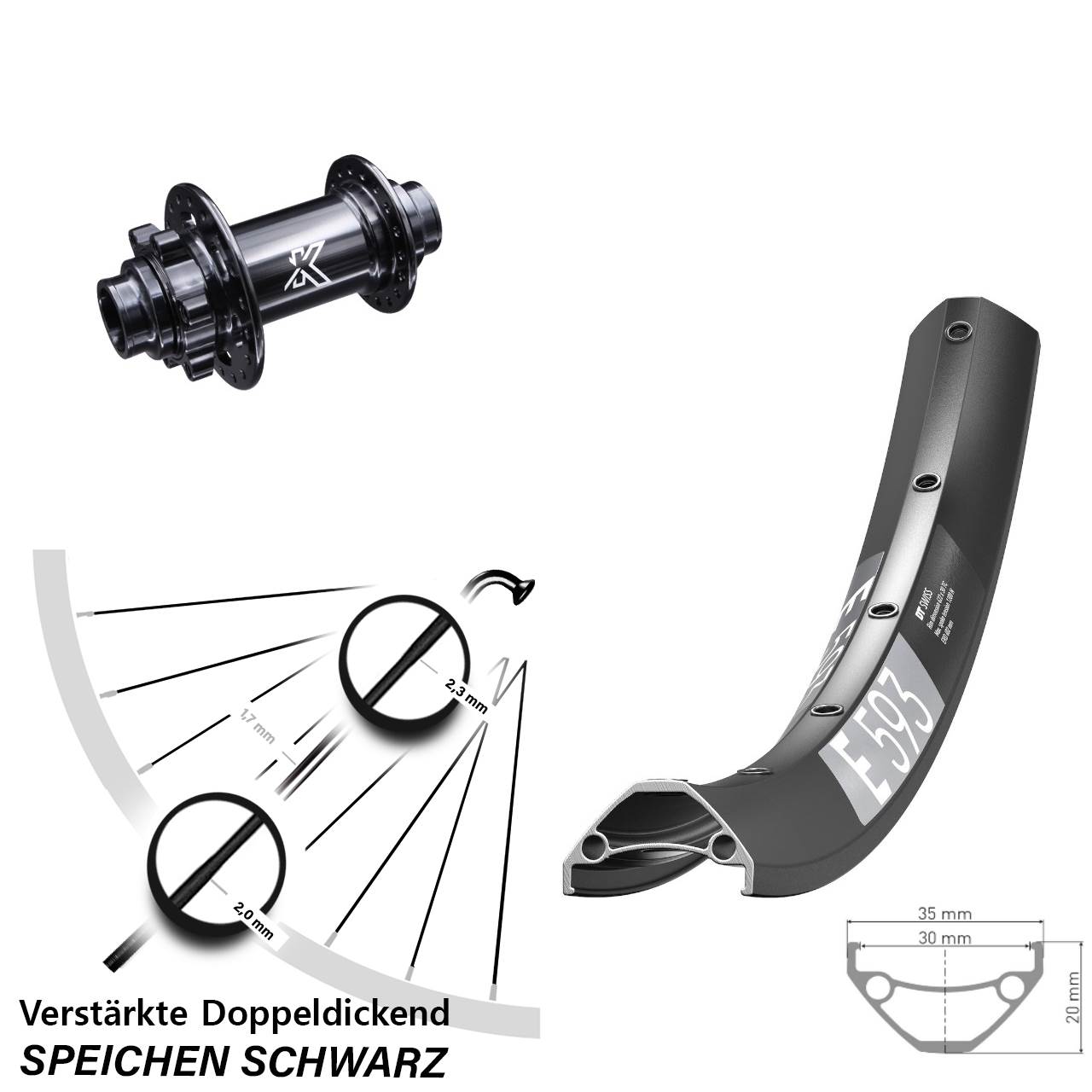 6-Loch Vorderrad 27,5 Zoll DT Swiss E593 KX-M Steckachse 20x110 non Boost