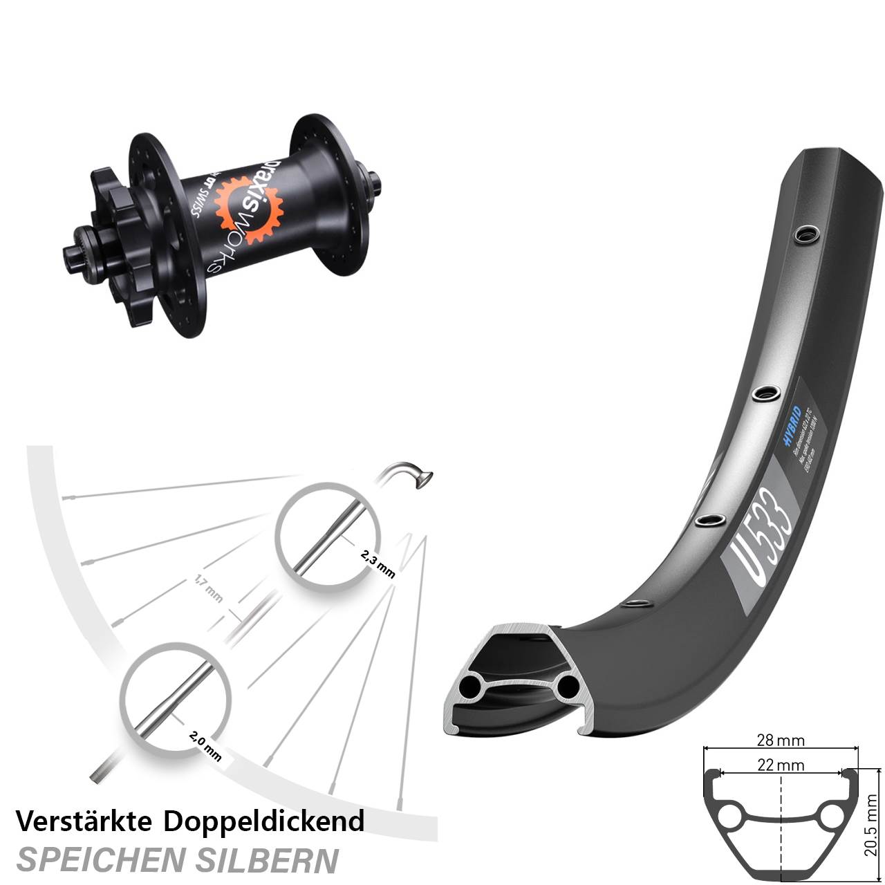 29 Zoll DT Swiss U 533-350 QR 6-Loch Vorderrad für Schnellspanner