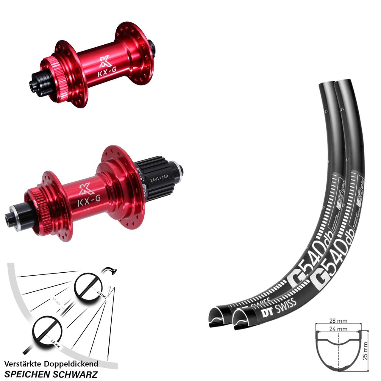 Disc Laufradsatz für Schnellspanner 28 Zoll DT Swiss G540 KX-G rot Micro Spline