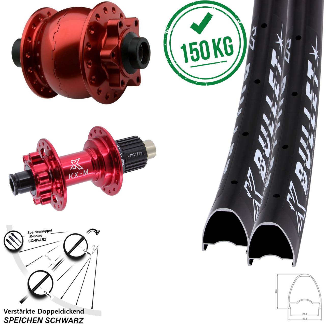 Disc Laufrad-Satz 28-29 Zoll KX-M Bullet rot SON 28 rot Shimano Micro Spline 15x100 12x142
