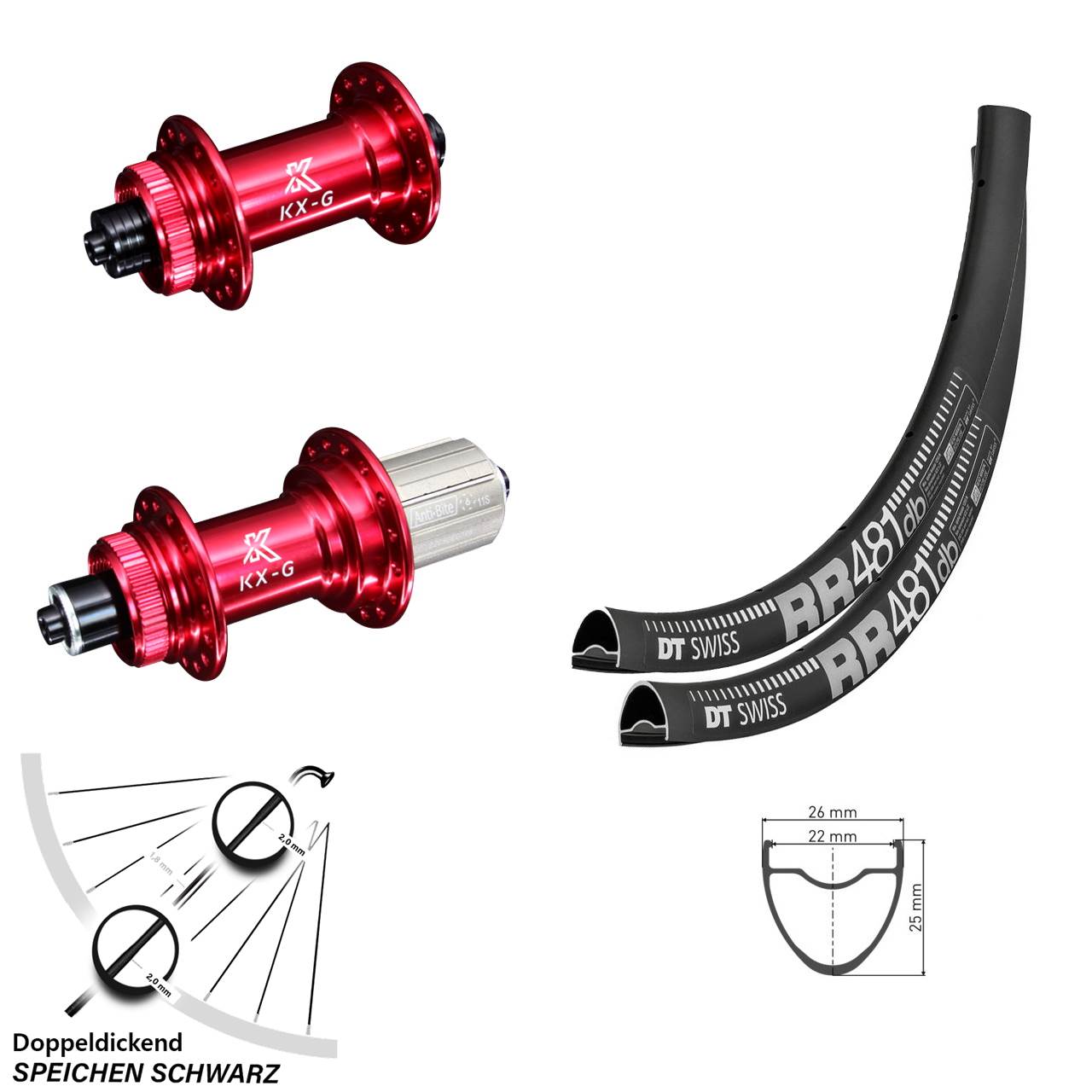 28 Zoll Road Disc Laufradsatz DT Swiss RR 481 Nabe KX-G rot eloxiert 100/135 mm