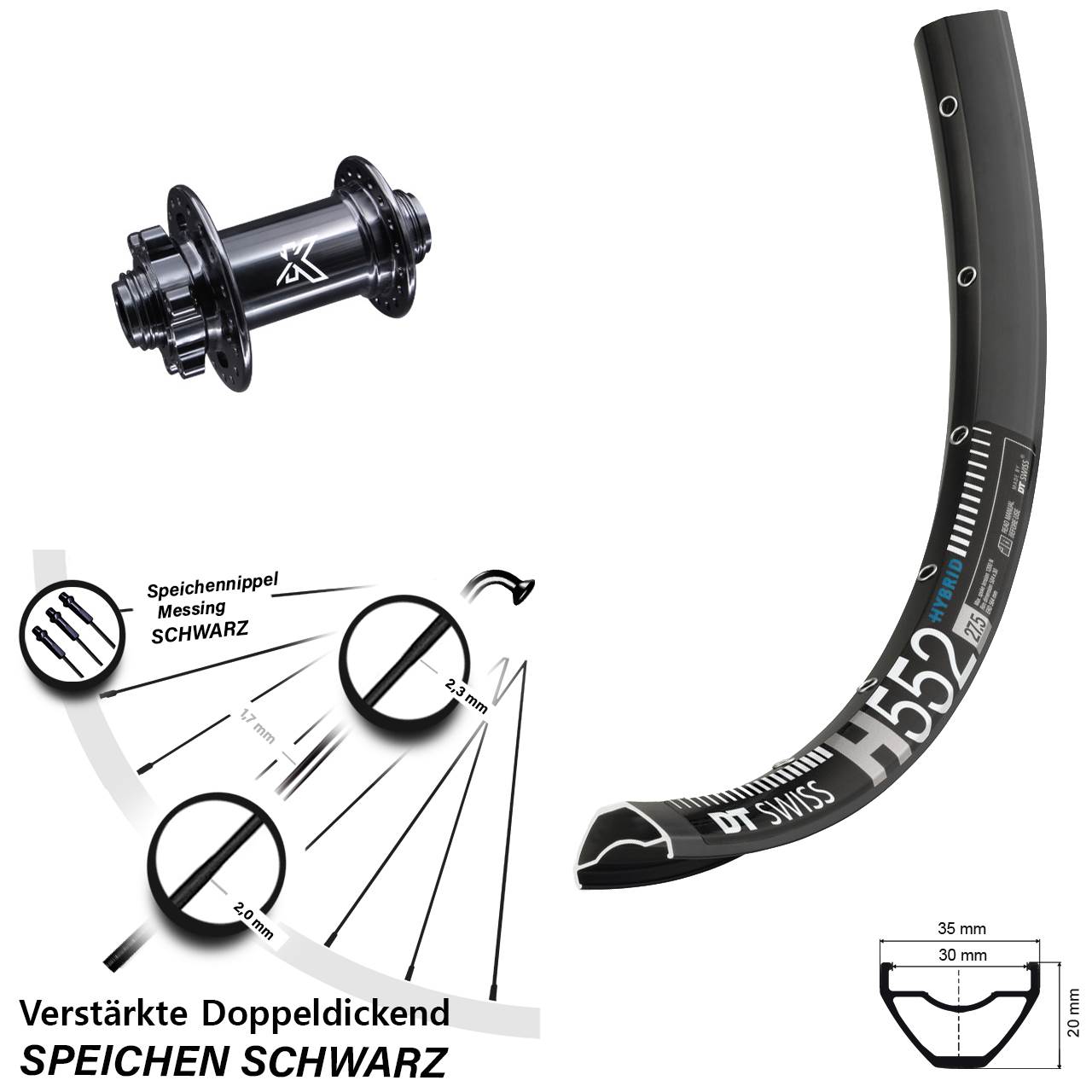 DT Swiss H 552 Vorderrad 27,5 Zoll KX-M 6-Loch Disc 15x100 mm