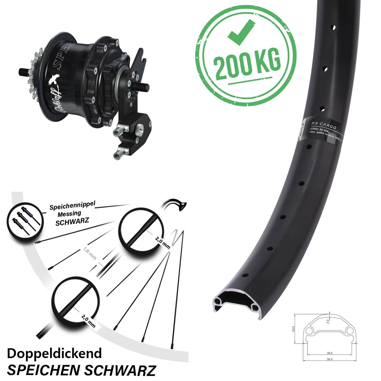 26 Zoll Laufrad KX Cargo mit Rohloff Speedhub 500/14 TS DB OEM2 Tandem schwarz