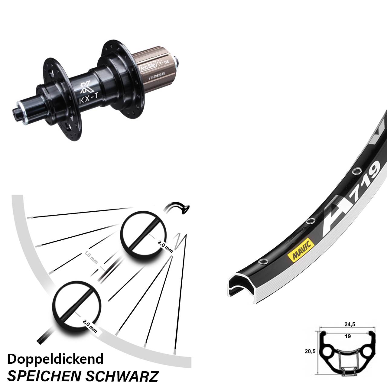 Hinterrad 28 Zoll Mavic A 719 KX-T Hinterradnabe schwarz 6-fach gelagert