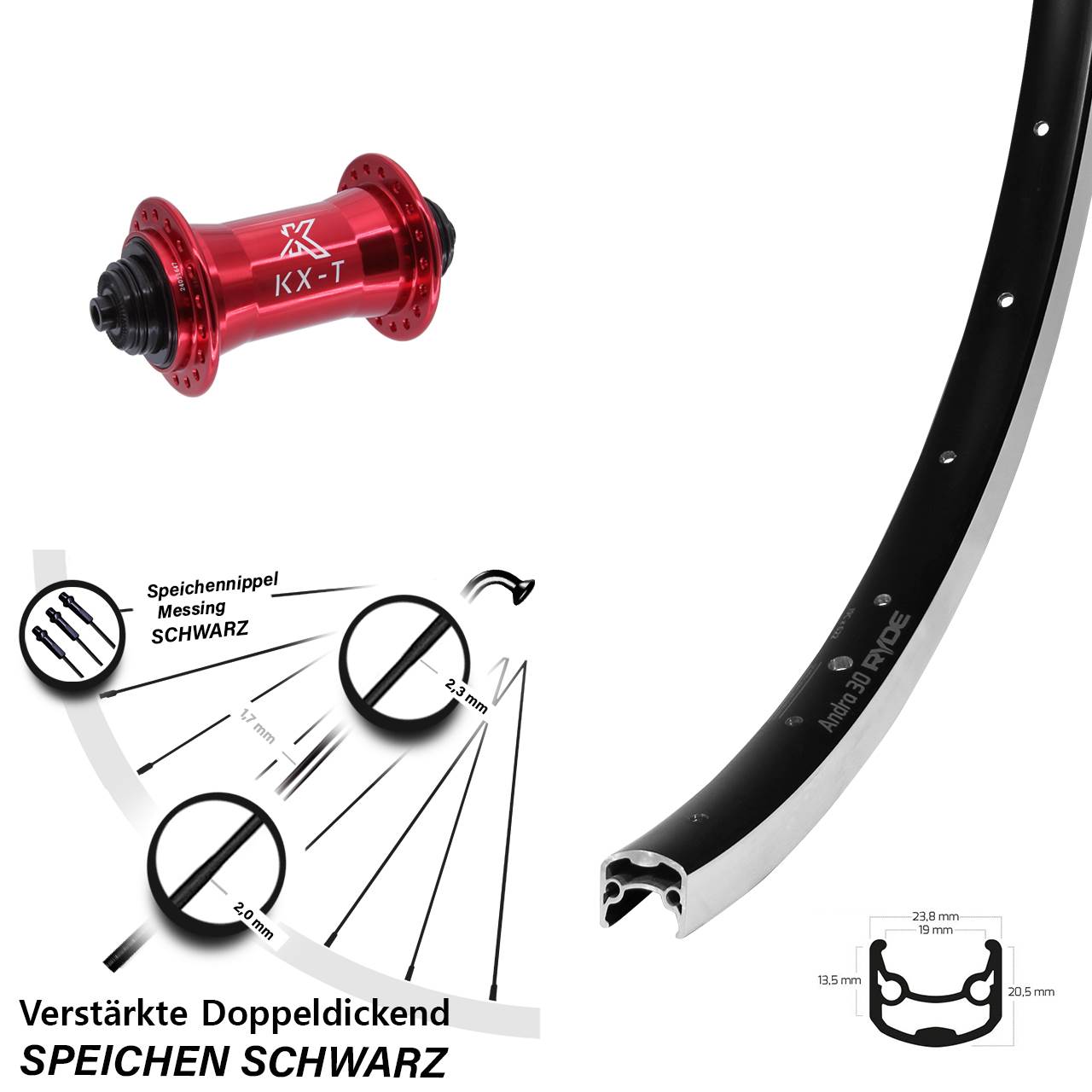 28 Zoll Ryde Andra 30 KX-T rot Vorderrad für Schnellspanner