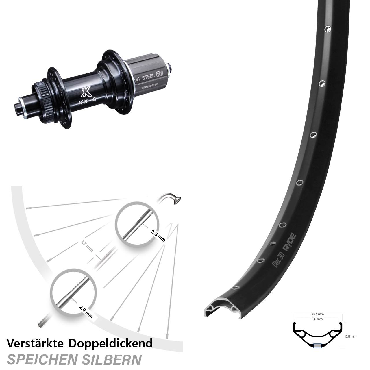 Centerlock Hinterrad 29 Zoll Ryde Disc 30 KX-GS Heavy Duty 8-12 fach HG QR