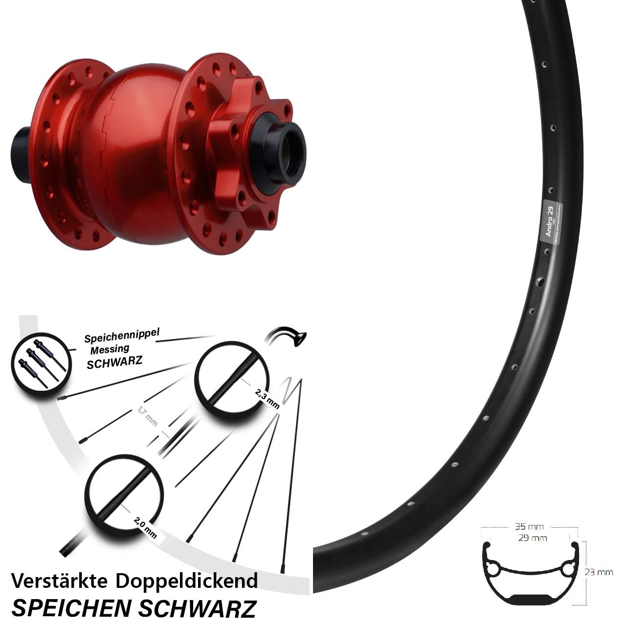 Dynamo-Vorderrad 15x110 Disc Ryde Andra 29 Zoll SON 28 rot