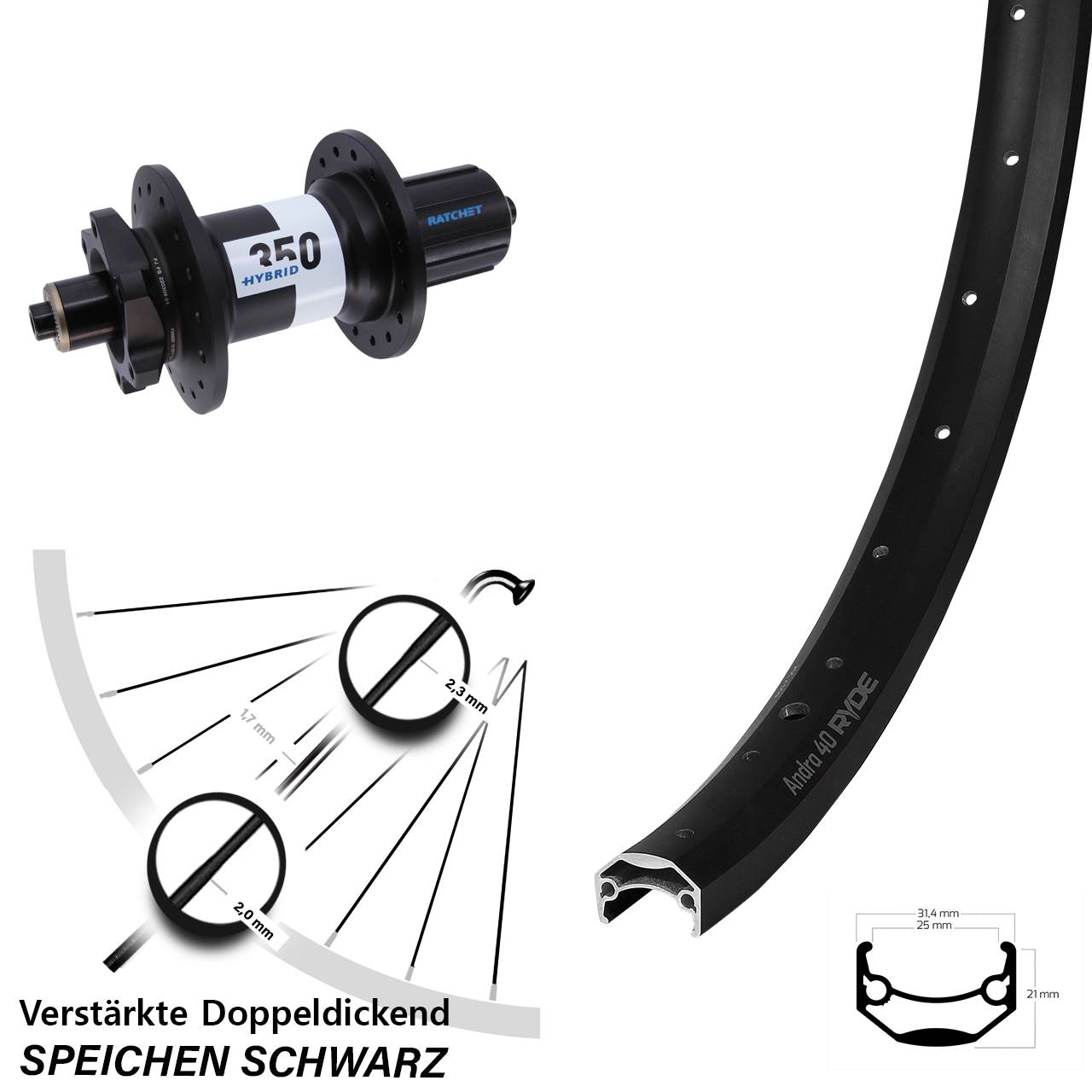 Ryde Andra 40 Disc DT Swiss 350 Hybrid 28 Zoll Laufrad für Schnellspanner Boost 8-11f HG
