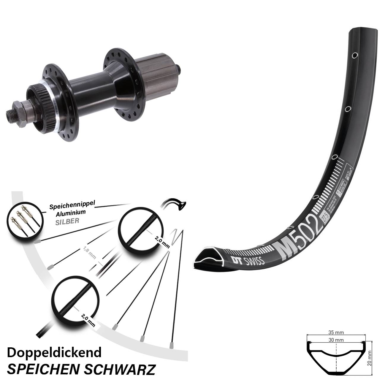 27,5 Zoll DT Swiss M 502 Joytech D762 Disc Laufrad für Schnellspanner 8-11 fach