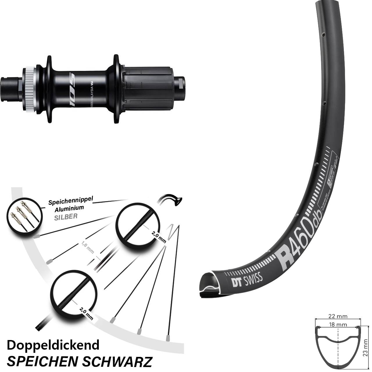 28 Zoll DT Swiss R 460 Shimano 105 Disc Hinterrad 12x142 8-12 fach HG