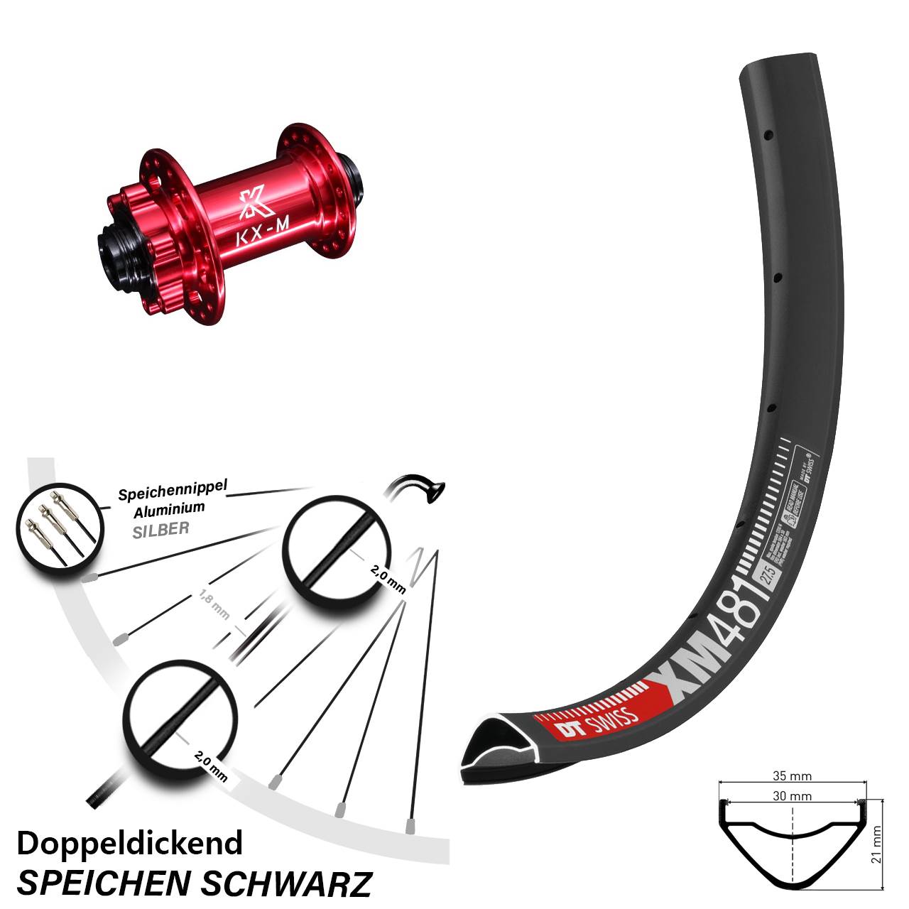 27,5 Zoll DT Swiss XM481 KX-M rot Vorderrad 6-Loch 15x100