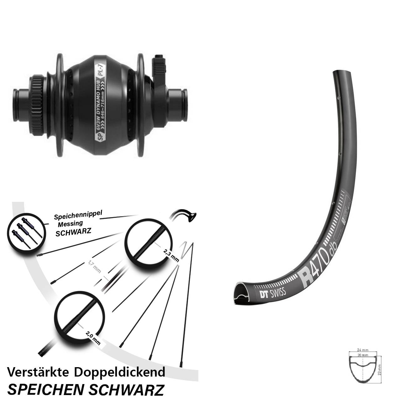 Nabendynamovorderrad Centerlock 12x100 28 Zoll DT Swiss R470 Shutter Precision PL-7