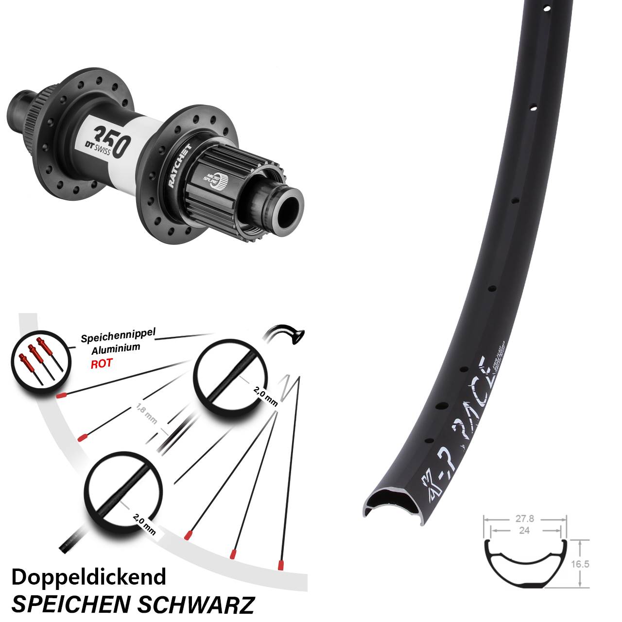 KX-R Race DT Swiss 350 28 Zoll Hinterrad Centerlock 12x142 Micro Spline