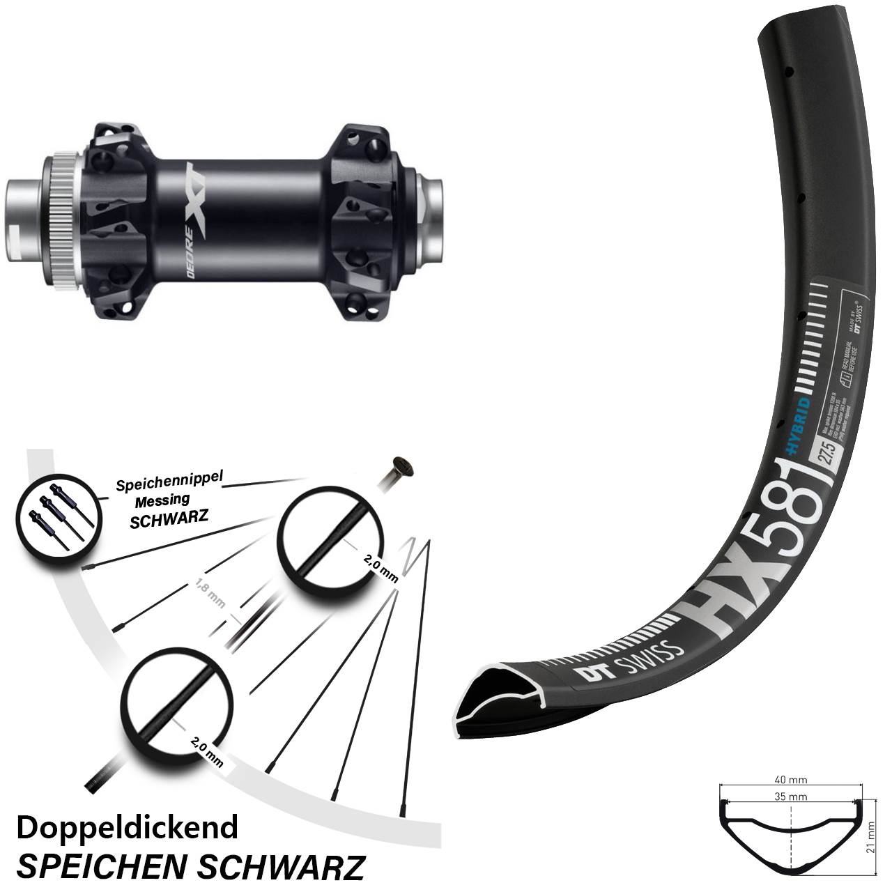 Shimano Deore XT HB-M8110 Boost Straightpull DT Swiss HX 581 Vorderrad 27,5 Zoll