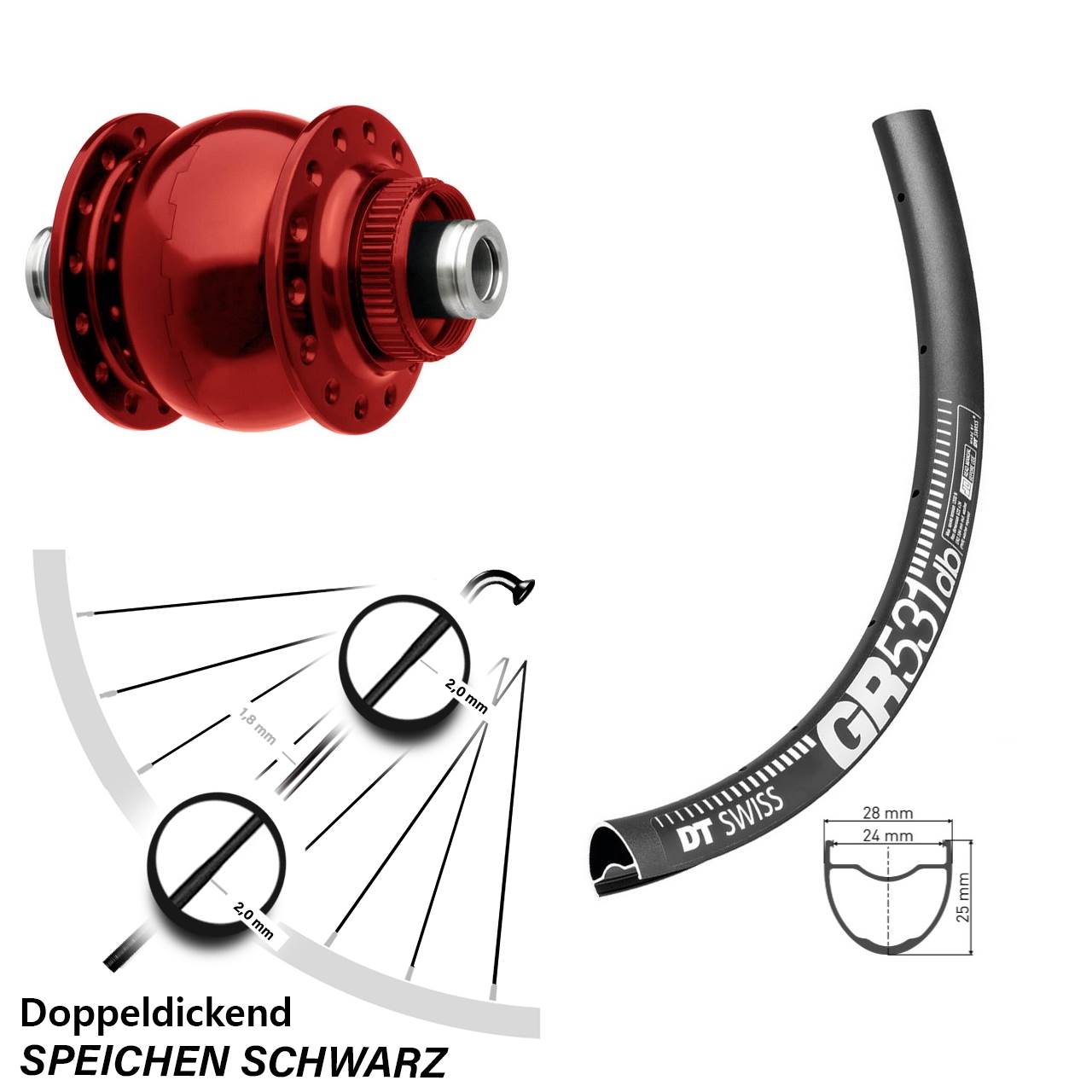 Centerlock Dynamo-Vorderrad 12x100 27,5 Zoll DT Swiss GR 531 SON 28 rot