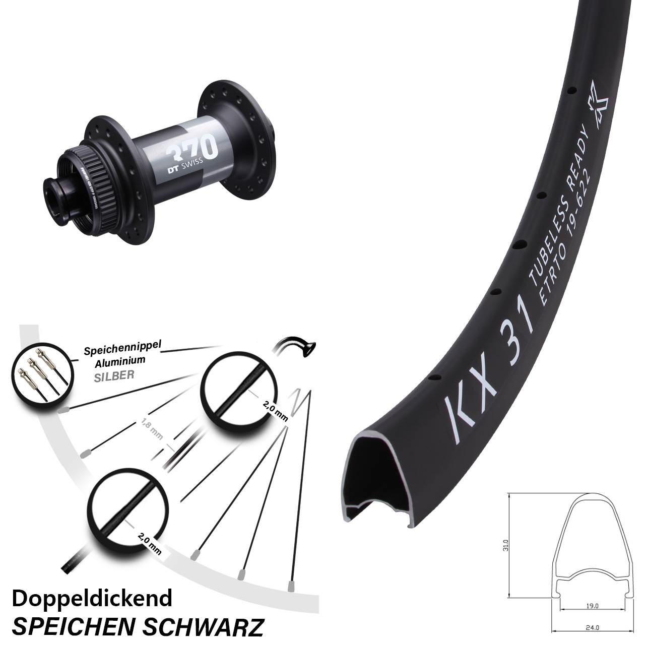 KX 31 DT Swiss 370 28 Zoll Disc Laufrad 15x100