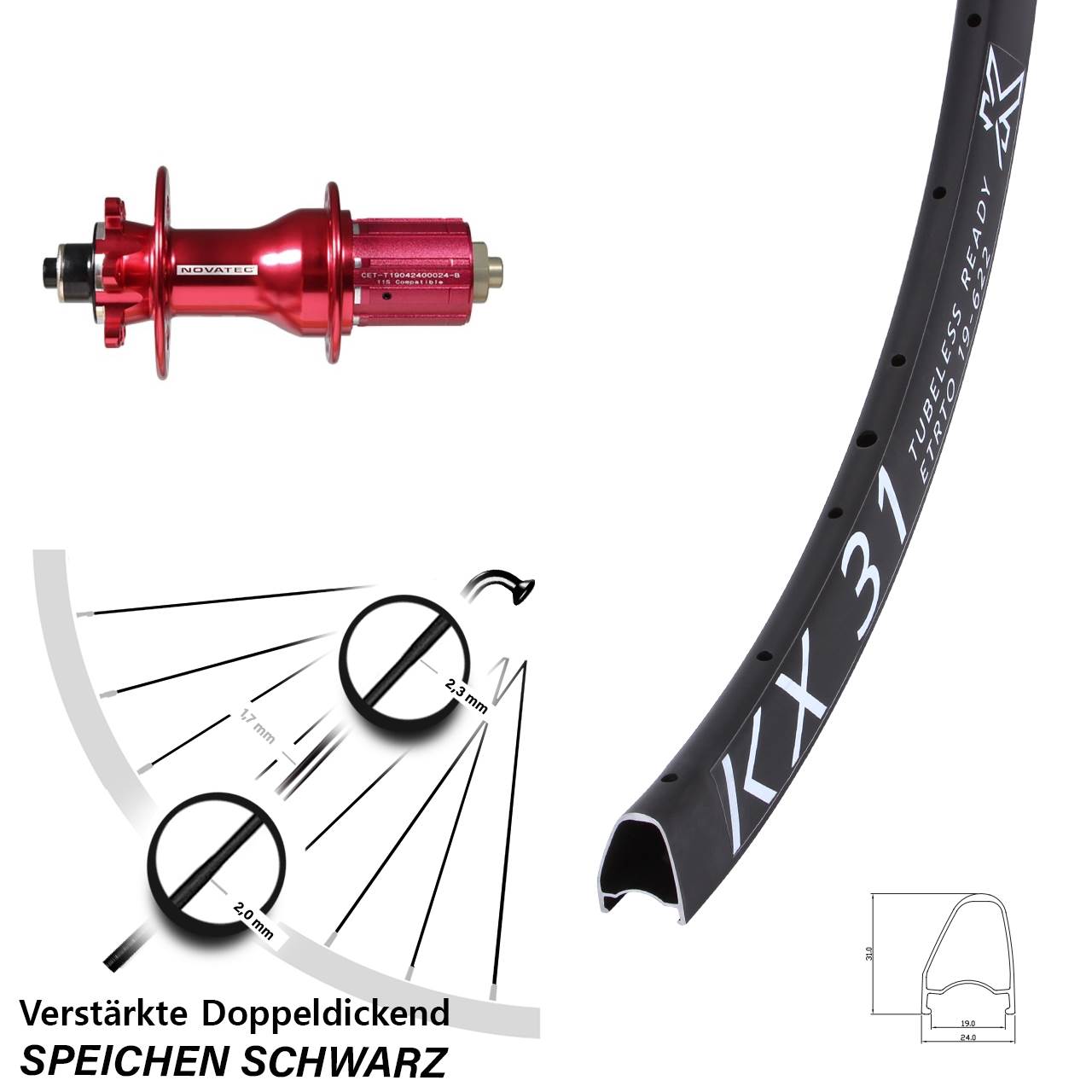 KX 31 Novatec D792SB 28 Zoll 6-Loch Hinterrad QR 8-12 fach HG