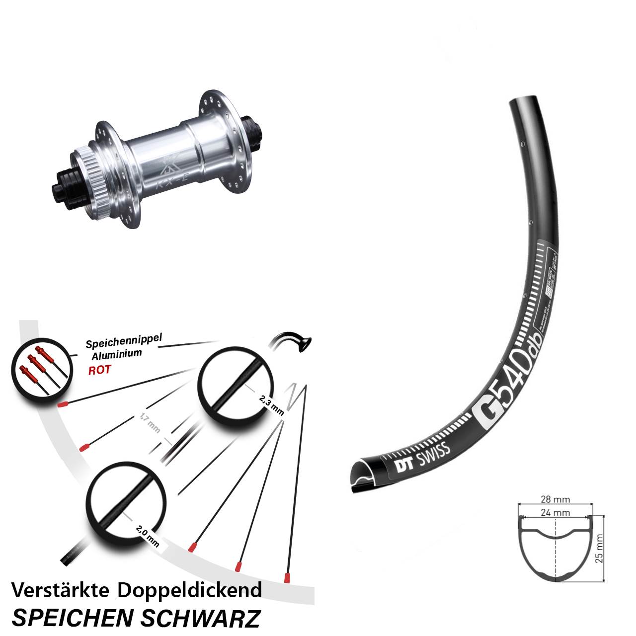 DT Swiss G 540 DB Vorderrad verstärkt KX-E Vorderradnabe 5x100 Sapim E-Light