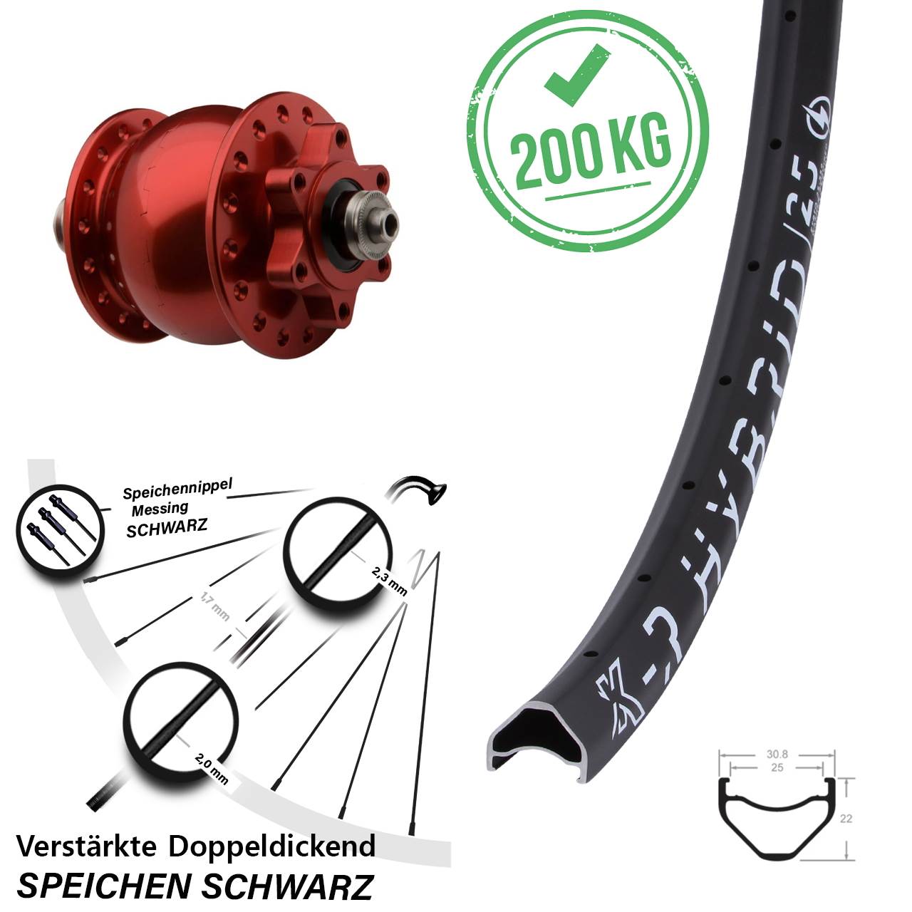 SON 28 rot KX-R Hybrid 25 27,5 Zoll 6-Loch Nabendynamo-Vorderrad für Schnellspanner