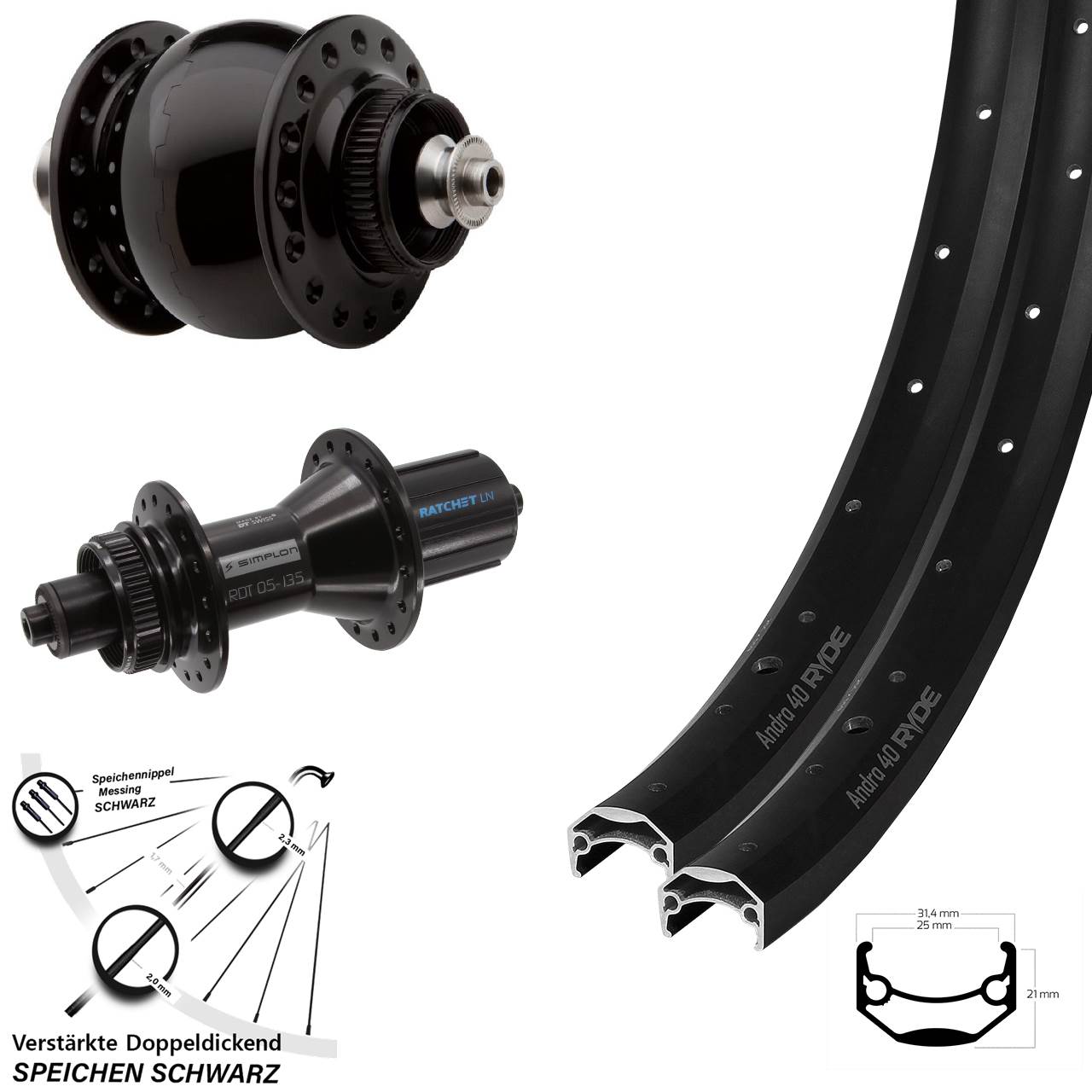 27,5 Zoll Ryde Andra 40 DT Swiss 370 Hybrid SON 28 Centerlock Laufradsatz QR 8-11 fach HG