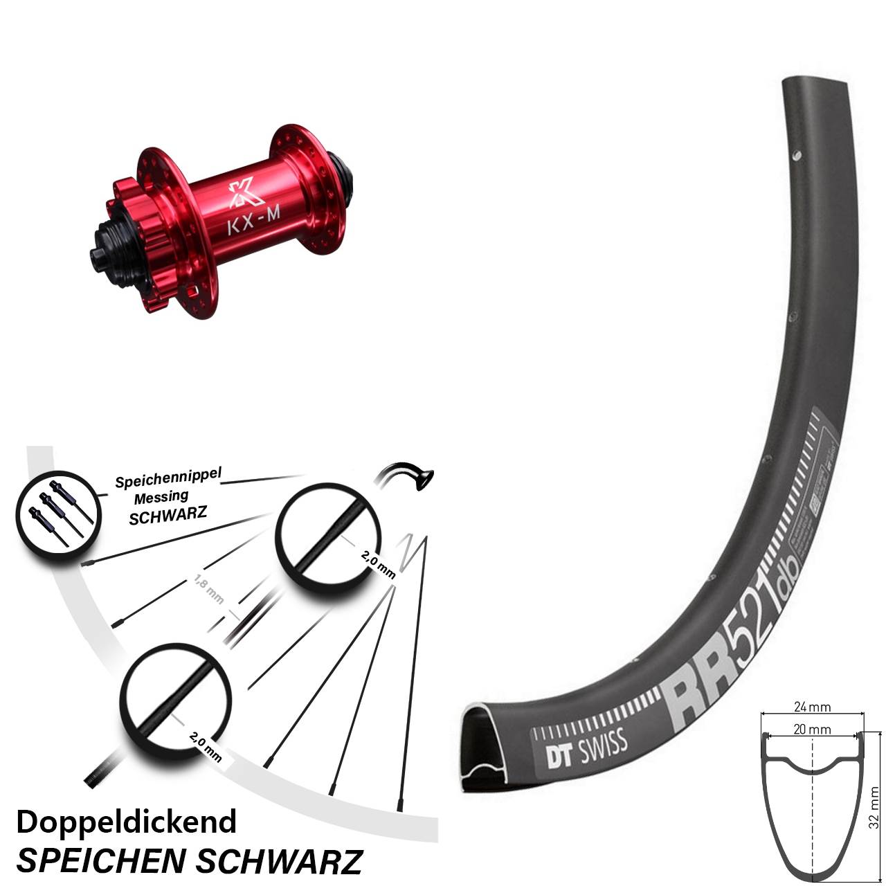 Laufrad 28 Zoll DT Swiss RR521 Disc KX-M 6-Loch 5/100 rot